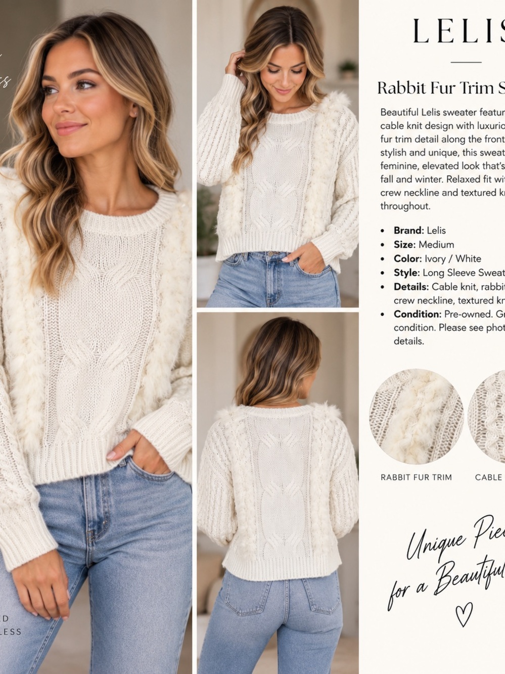Le Lis Rabbit Fur Trim Cable Knit Sweater Women’s Medium Ivory White
